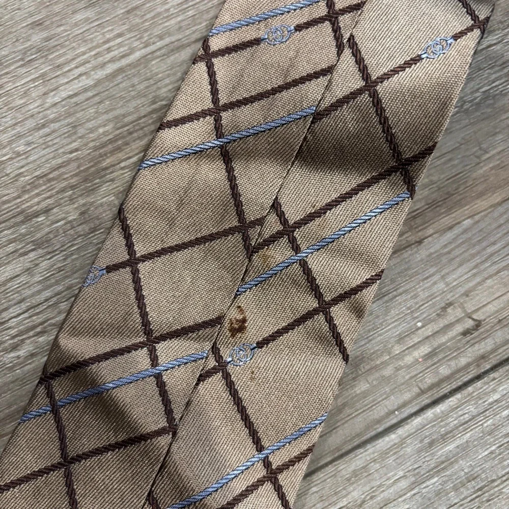 Gucci Mens Silk Tie Tan Brown Blue Plaid Rope Grid Interlocking G Made in Italy